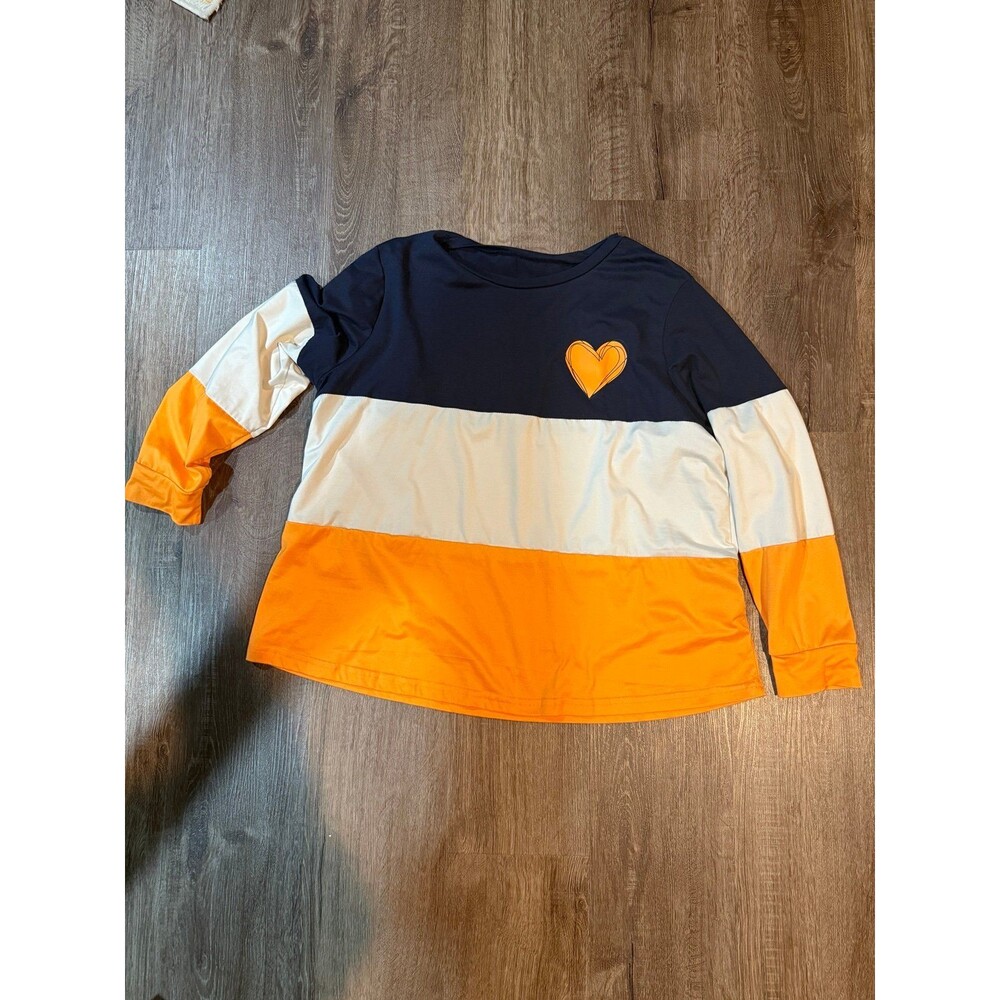 SHEIN Curve long sleeve tee shirt navy orange and cream stripe with heart